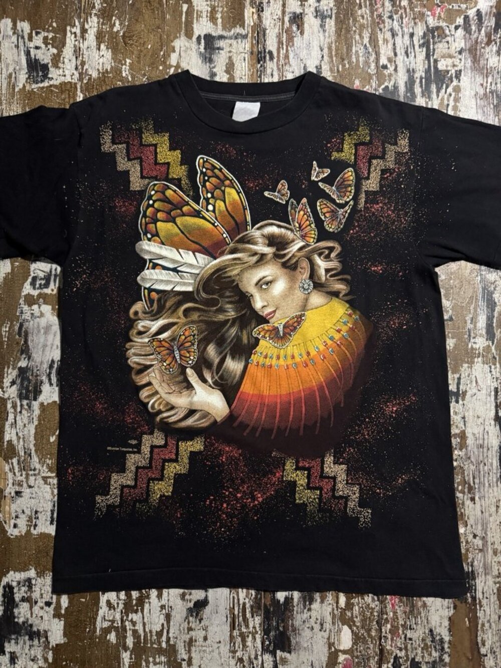 American Thunder Vintage 90s Native Butterfly T-Shirt Sz L Single Stitch